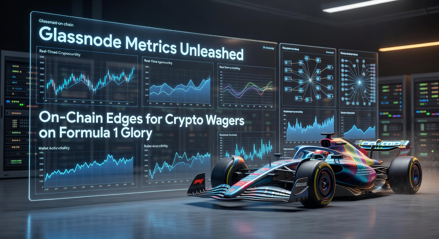 Grafik mit Glassnode-On-Chain-Daten und Formel-1-Autos auf der Rennstrecke, die Marktstimmung und Wettvolumen verbindet