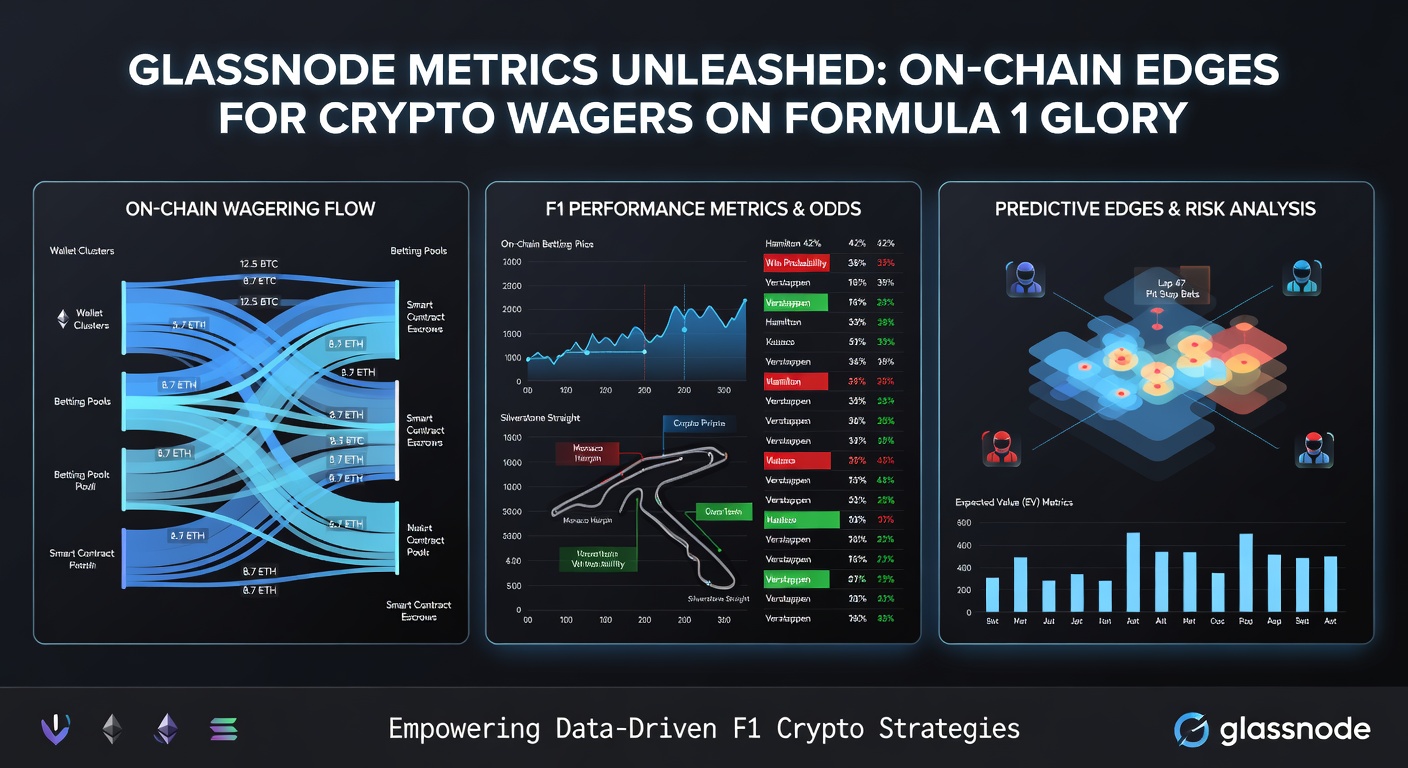 Detaillierte Glassnode-Dashboard mit Metriken zu Whale-Transfers und F1-Wettodds, inklusive Chart zu Exchange-Flows vor einem Grand Prix