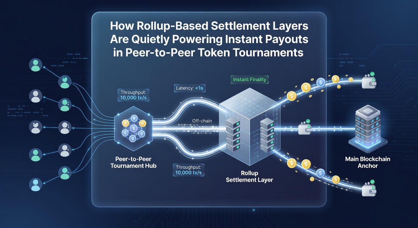 Darstellung eines Peer-to-Peer-Token-Turniers mit integrierten Rollup-Settlement-Prozessen und Echtzeit-Auszahlungen