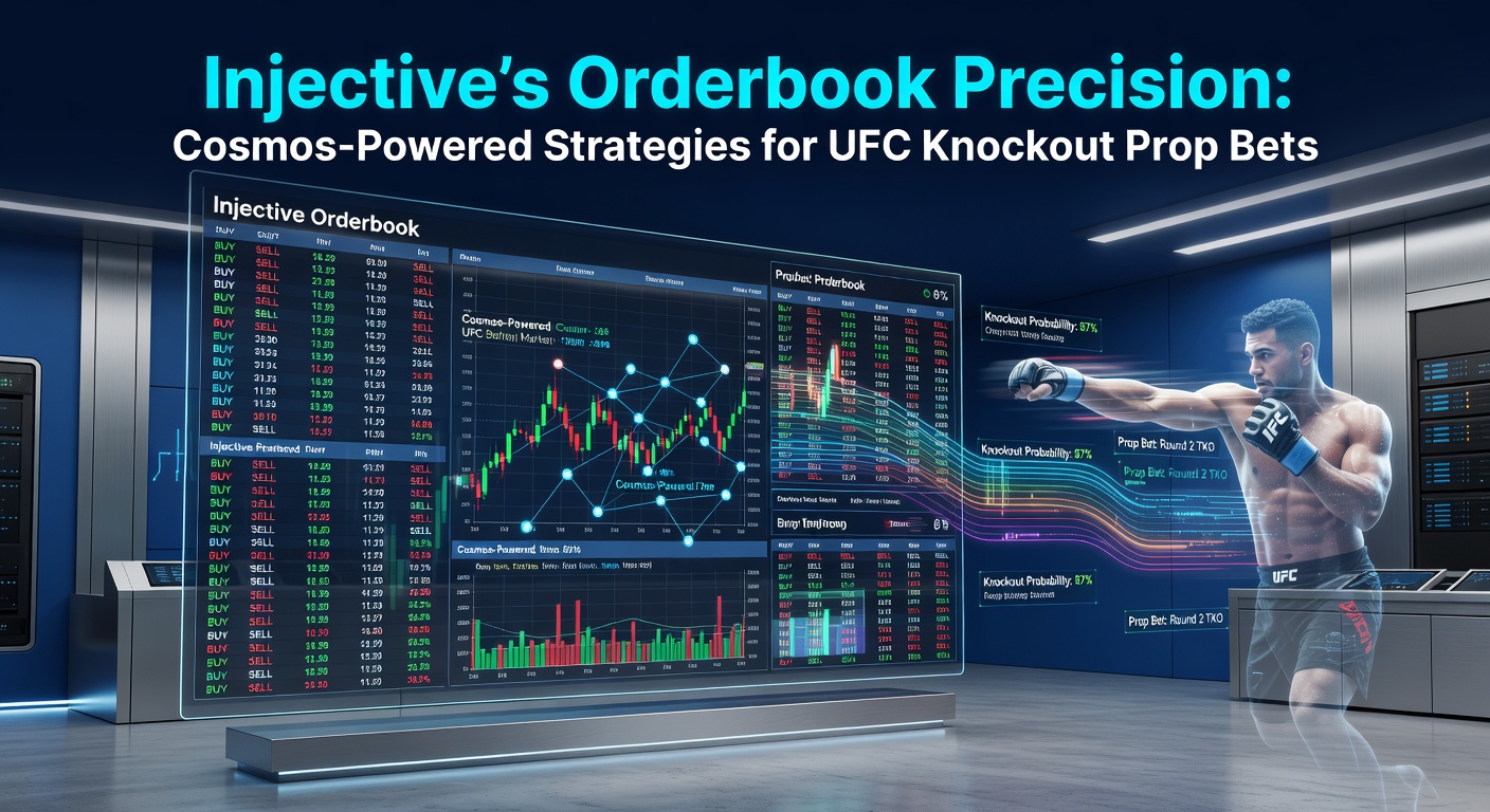 Grafik des Injective-Orderbooks mit UFC-Kämpfer-Silhouetten und Cosmos-Logo im Hintergrund, die Präzision bei Prop-Bets visualisiert