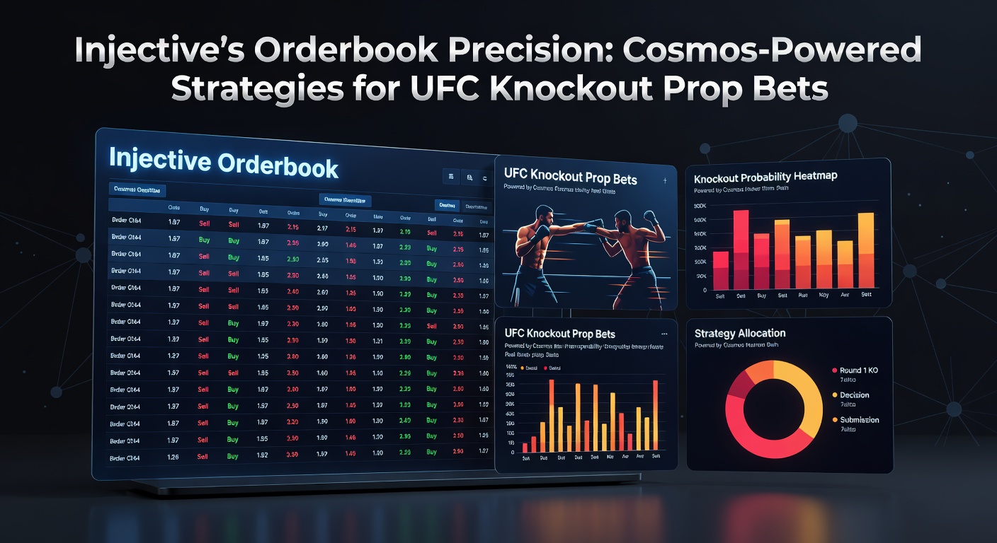Diagramm mit Cosmos-Netzwerkknoten, Injective-Orderbook-Flüssen und UFC-Knockout-Statistiken, die Strategie-Überlagerungen zeigen