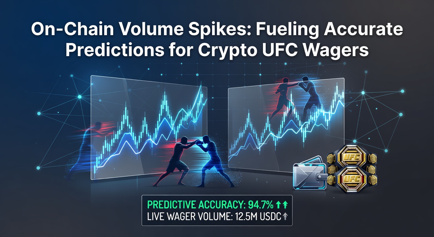 Grafik zeigt steigende On-Chain-Transaktionsvolumen mit UFC-Logo und Krypto-Symbolen im Hintergrund
