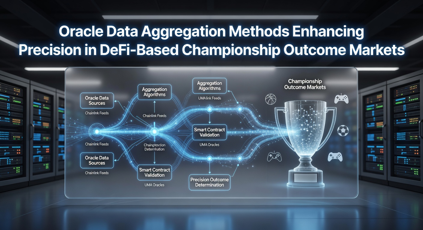 Darstellung von Oracle-Datenaggregationsmethoden in DeFi-Prognosemärkten mit Diagrammen und Blockchain-Elementen