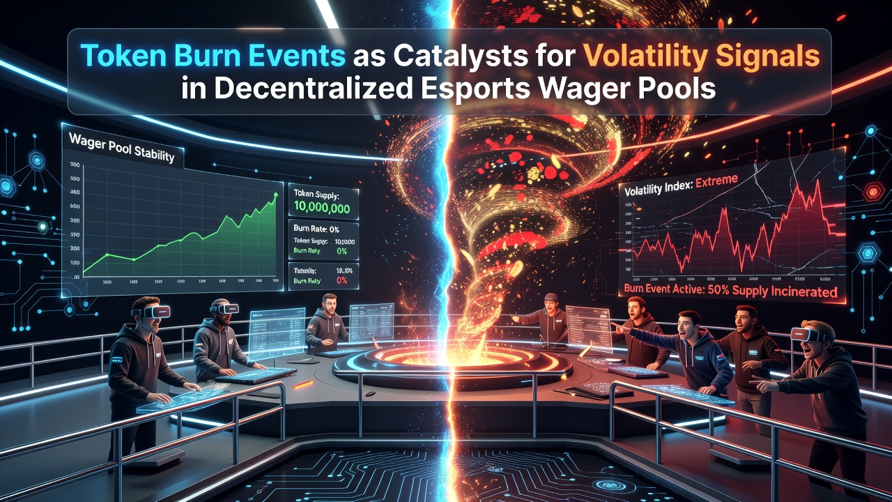 Darstellung von Token-Burn-Ereignissen in dezentralen Esports-Wettpools mit Volatilitätskurven und Blockchain-Datenströmen