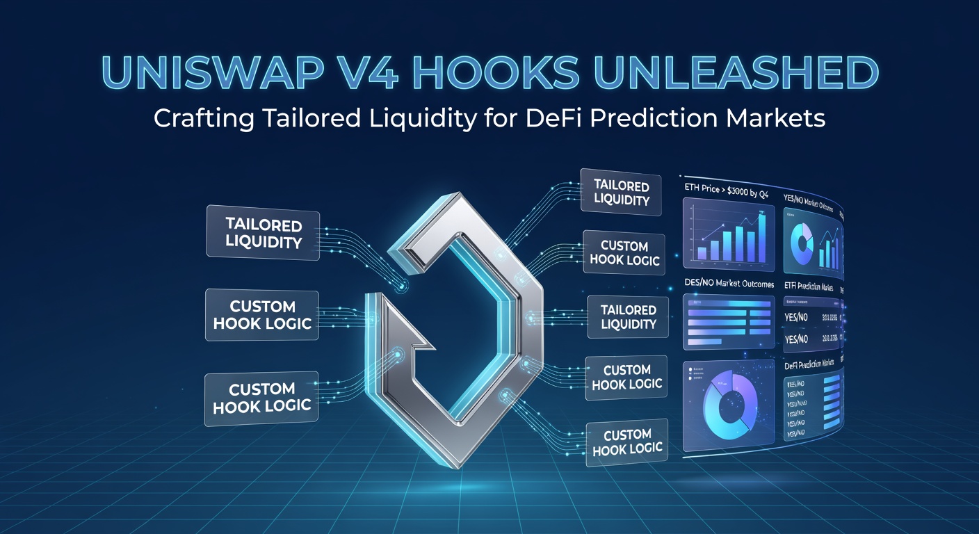 Visuelle Darstellung von Uniswap V4 Hooks, die dynamische Liquiditätsanpassungen in DeFi-Prognosemärkten ermöglichen